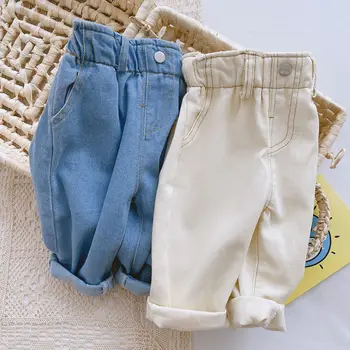 0-3 rokov, baby, deti, oblečenie mäkké džínsy, nohavice na jar girlsboys dieťa handričkou deti kórejský bežné vysoký pás veľké PP nohavice, džínsy