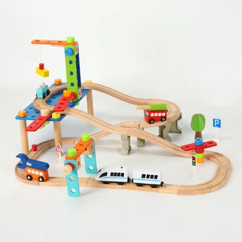 95pcs Matica demontáž zmes stavebným železničnej drevený vlak a elektrické auto skladbu nastaviť deti vzdelávacie koľajového vozidla hračka