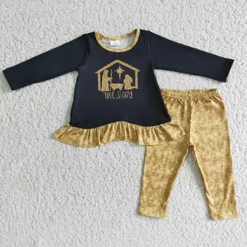 Veľkoobchod Oblečenie Deti Vianočné Módne Dieťa Dievča Ježiš Oblečenie Dieťa Oblečenie Set Sa Prehrabať Tričko Black Gold Nohavice Deti Oblečenie