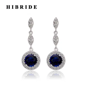 HIBRIDE 3 Farby Modrá Okrúhly Rez Pring Nastavenie Ženy Drop Náušnice CZ Kameň Dlhé Náušnice, Šperky E-383